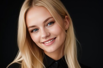 Portrait beautiful blonde model woman with white teeth smile, healthy long hair and beauty skin on black background. Concept of advertising dentist and facial care. Generative AI