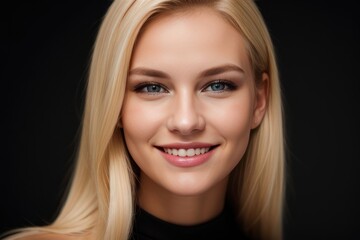 Portrait beautiful blonde model woman with white teeth smile, healthy long hair and beauty skin on black background. Concept of advertising dentist and facial care. Generative AI