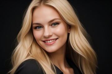 Fototapeta premium Portrait beautiful blonde model woman with white teeth smile, healthy long hair and beauty skin on black background. Concept of advertising dentist and facial care. Generative AI