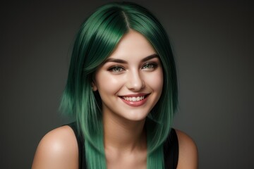 Obraz premium Portrait beautiful green hair and eyes model woman with white teeth smile, healthy long hair and beauty skin on dark background. Concept of advertising dentist and facial care. Generative AI
