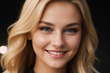 Portrait beautiful blonde model woman with white teeth smile, healthy long hair and beauty skin on black background. Concept of advertising dentist and facial care. Generative AI