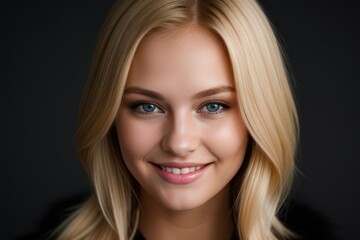 Fototapeta premium Portrait beautiful blonde model woman with white teeth smile, healthy long hair and beauty skin on black background. Concept of advertising dentist and facial care. Generative AI