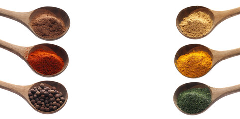 Set different spices, pile cinnamon powder, spicy chili red pepper, allspice pimento, ginger...