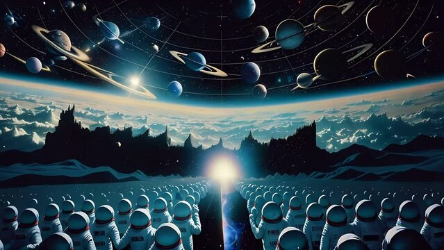 Futuristic picture, a crowd of people in space suits looking at the planets. Utopia. Created with the help of artificial intelligence. AI generative.