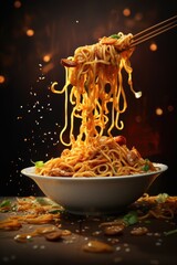 Instant noodle with sauce and vegetables flying in the air on dark - obrazy, fototapety, plakaty