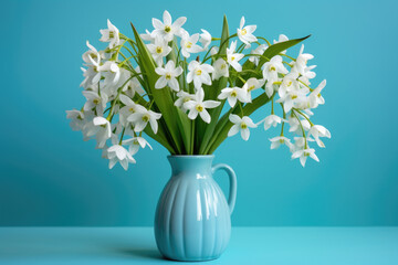 Picture of blue vase filled with abundance of white flowers. This image can be used to add touch of elegance and freshness to various design projects.