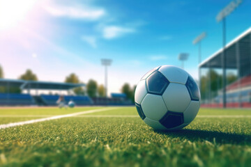 Fototapeta premium Soccer ball resting on top of vibrant, green field. Perfect for sports-related designs and marketing materials.