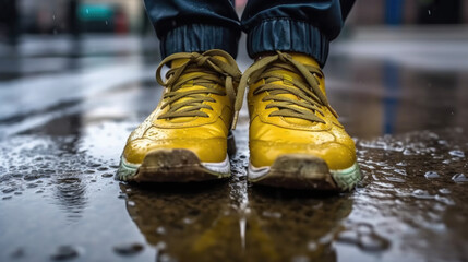 Person wearing yellow shoes standing in rain. This image can be used to depict resilience or to convey concept of finding beauty in unexpected places.