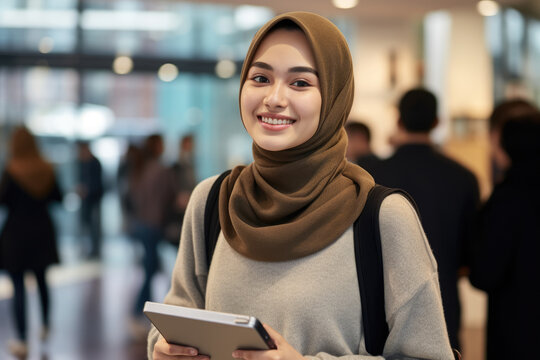 Woman wearing hijab holding tablet computer. This image can be used to depict technology and diversity in modern world.