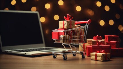 Online shopping concept with miniature shopping cart standing in front of laptop, full of packages