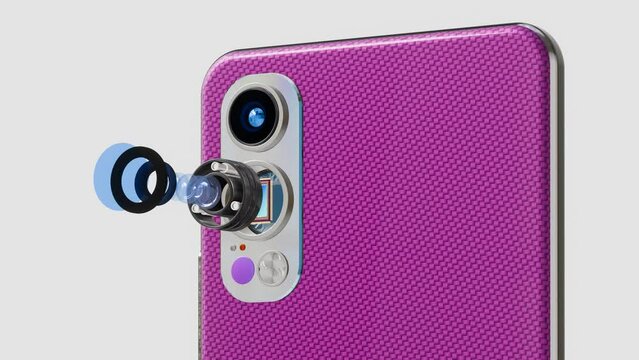 Pink Smartphone with Dual Camera and Optic Elements and Sensor, Exploded View, Rotation, 3D Rendering