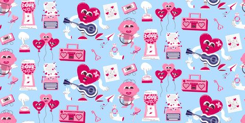 Seamless background for Valentine's Day. Vector pattern in retro style of the 70s, 80s. Cute cupid and heart characters.