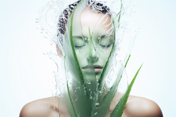 double exposure style beauty shot of a beautiful woman on a white background and aloe vera, skin care serum concept