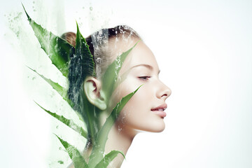 double exposure style beauty shot of a beautiful woman on a white background and aloe vera, skin care serum concept