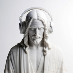 Christ the Redeemer marble statue wearing vibrating headphones