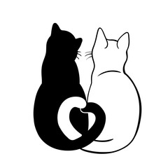 Cats, couple in love, back view, black and white cat, love, friendship, hug, vector illustration