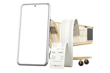 Mobile phone with shopping cart on long receipt. Online shopping, 3D rendering isolated on transparent background - obrazy, fototapety, plakaty