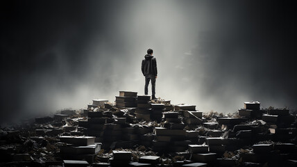 student on a mountain of textbooks, silhouette preparation for exams and tests, education concept. abstract computer illustration