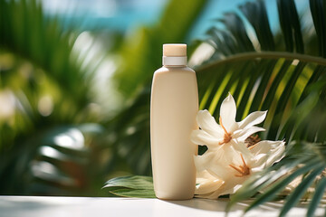 Blank plastic cosmetics container for cream or shampoo and tropical flowers. Cosmetics bottle mockup with tropical leaves. - obrazy, fototapety, plakaty