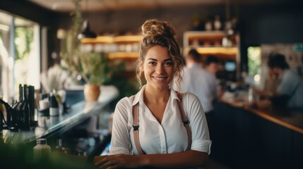 Portrait of a smiling young woman barista leaning with her arms crossed on cafe.Cheerful female waitress waiting for clients at coffee shop. Successful small business owner