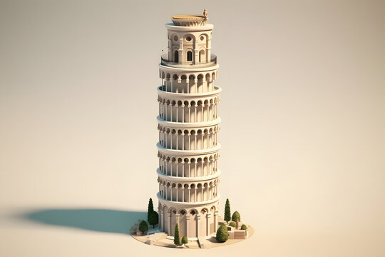 Leaning Tower of Pisa 3d rendering isometric style