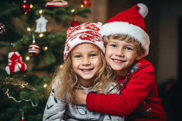 Happy Children wearing Santa Claus hats sitting near the Christmas tree at home, family celebration