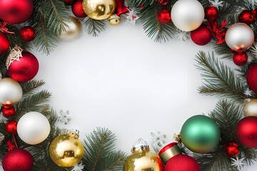 Fototapeta na wymiar Christmas Ornaments Frame Holiday Decorations With Copy Space