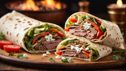 delicious photo of turkish doner kebab with mouthwatering meat and vegetables 2 - obrazy, fototapety, plakaty