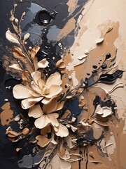 Abstract art piece of a flower, Magic Garden, midnight beige color palette, chaotic and dramatic feel