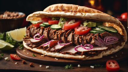 delicious photo of turkish doner kebab with mouthwatering meat and vegetables