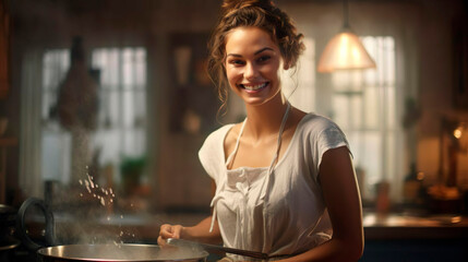 Portrait of happy beautiful smiling woman housewife chef cooks in the kitchen. Pretty young female baking in home cuisine, enjoying culinary hobby, cooking activity. Housekeeper doing household chores