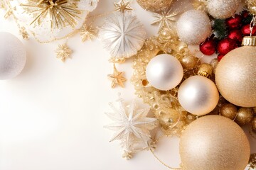 Fototapeta na wymiar White And Golden Christmas Ornaments On White Background Holiday Decorations