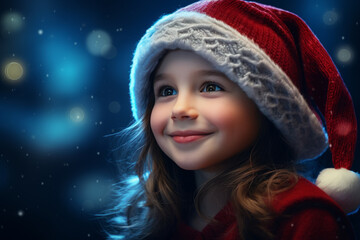 cute little girl in Santa Claus hat on blurred background, winter holiday.