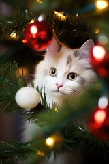 cat in decorated christmas tree. New year concept. Generative AI