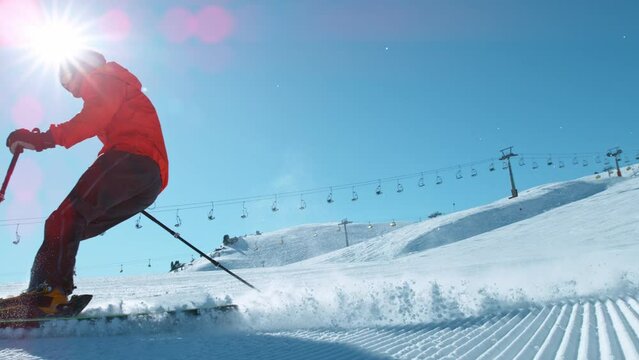 Super Slow Motion of Piste Skier Running Down. Filmed on High Speed Cinema Camera, 1000fps. Speed Ramp Effect.