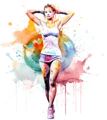 Fit girl doing workout. Concept fitness sport. Watercolor hand drawn illustration, isolated on white background