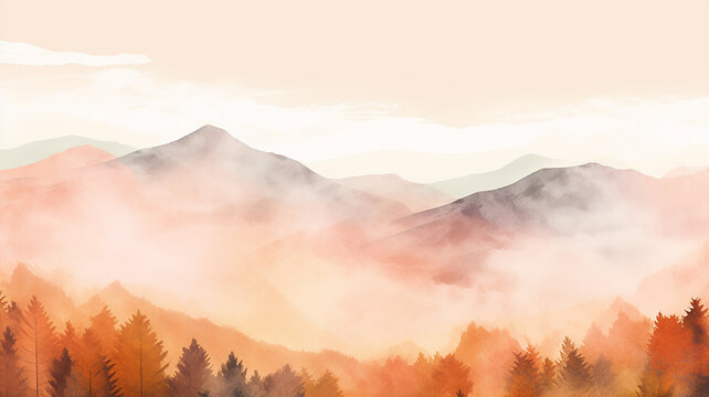 illustration autumn in the mountains blurred abstract watercolor background in white light and yellow, golden tones of Indian summer