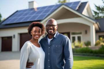 Happy African-American couple in front of a solar-powered house. Generative Ai.