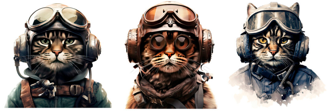 Set of cat military pilot, isolated on transparent background