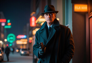 Portrait of a senior man in a hat and coat with a gun, film noir detective, mafia gangster. generative ai
