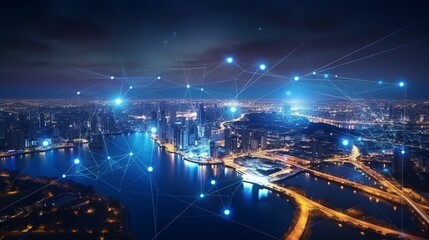 Fototapeta na wymiar Città interconnessa, dispositivi IoT e 5g che rendono la città tecnologica, la città del futuro