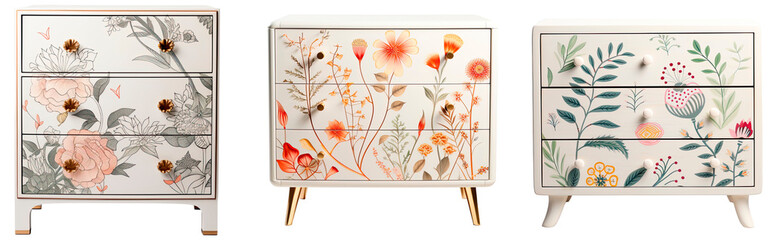 Set of modern chest of drawers with a floral pattern, isolated on transparent background