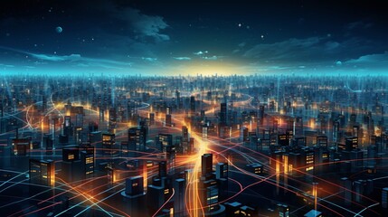 Fototapeta na wymiar Città interconnessa, dispositivi IoT e 5g che rendono la città tecnologica, la città del futuro