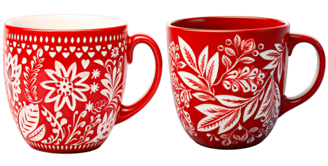 Set of vibrant red coffee mug with white pattern, isolated on transparent background