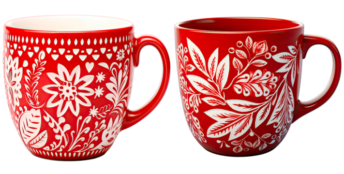 Set of vibrant red coffee mug with white pattern, isolated on transparent background