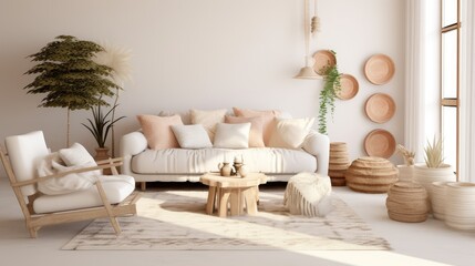 Fototapeta na wymiar The stylish boho composition at living room interior with design beige sofa, coffee table, wicker baskets and elegant personal accessories. Brown and white pillows and plaid Cozy apartment. Home decor
