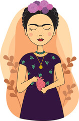 Cute Mexican woman cartoon character with heart in her hands. Hand drawn vector illustration of Mexican girl.