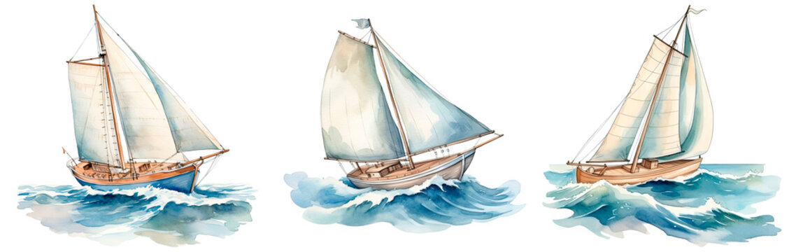 Set of watercolor cartoon cute a sailboat on the waves, isolated on transparent background