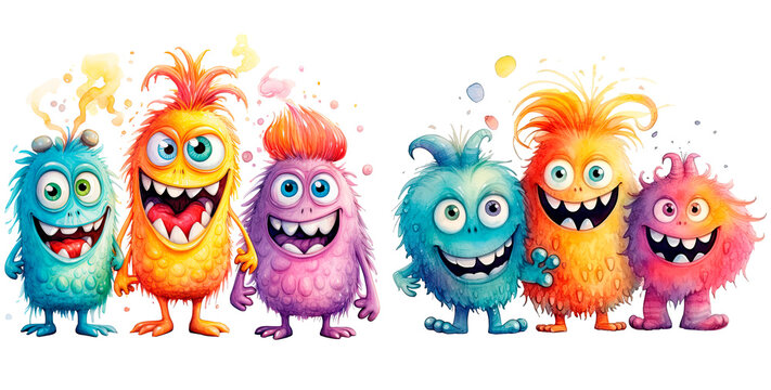 Set of watercolor cartoon funny cute monsters, isolated on transparent background, cute childish drawing illustration