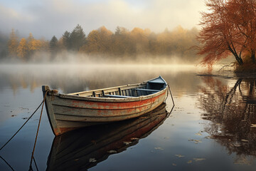 A wooden boat on a lake in the autumn fog - obrazy, fototapety, plakaty